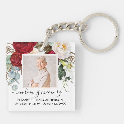 In Loving Memory Foto Rood Wit Bloemenmonument Sleutelhanger (Achterkant)