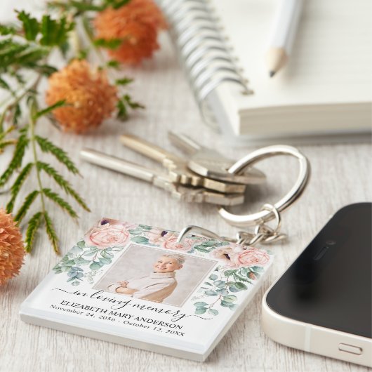 In Loving Memory Foto Roze Pioen Bloemenmonument Sleutelhanger (Voorkant Rechts)