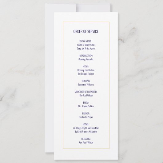 In Loving Memory Funeral Fotoprogramma Navy Gold Kaart (Achterkant)