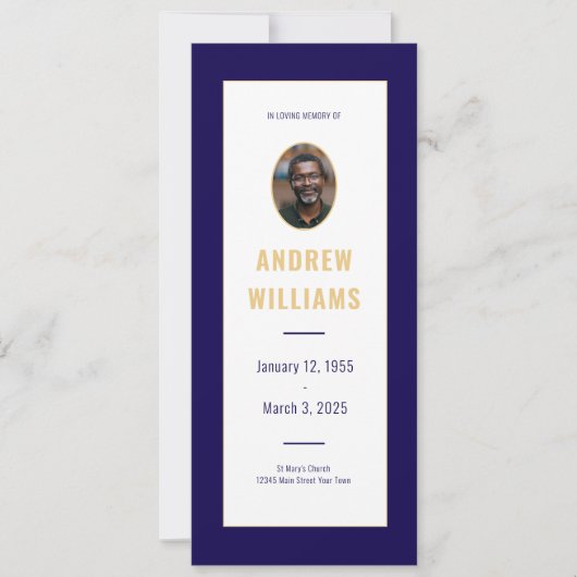 In Loving Memory Funeral Fotoprogramma Navy Gold Kaart (Voorkant)