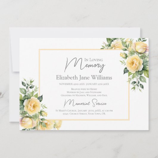 In Loving Memory Gele Rozen 1 foto Kaart (Voorkant)