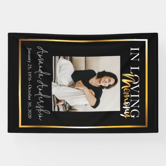 In Loving Memory Gouden begrafenisfoto Spandoek (Horizontaal)