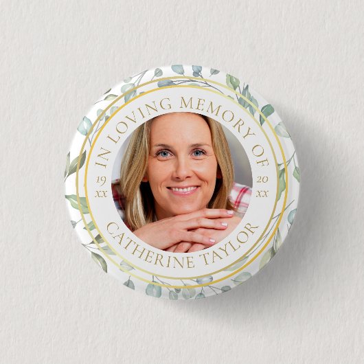 In Loving Memory Greenery Photo Funeral Button (Voorkant)