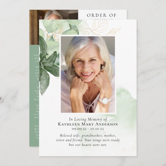 In Loving Memory Greenery Photo Memorial Service Programmakaart (Voorkant / Achterkant)