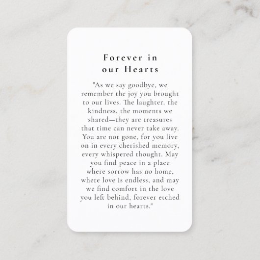 "In Loving Memory" (In liefdevolle herinnering), b Visitekaartje (Achterkant)