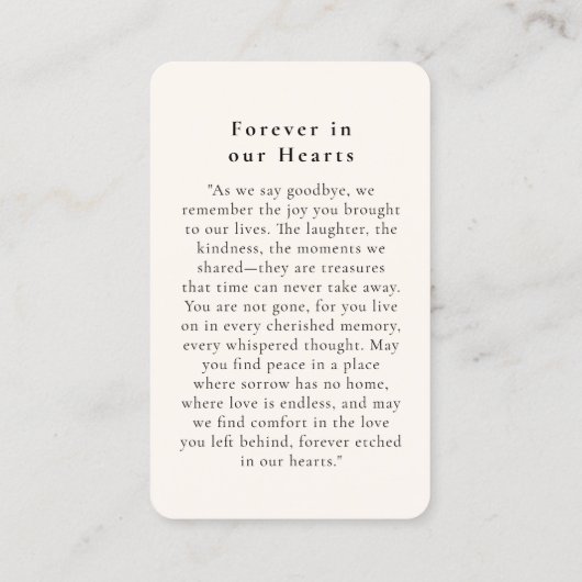 "In Loving Memory" (In liefdevolle herinnering), b Visitekaartje (Achterkant)