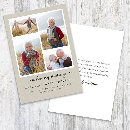In Loving Memory Linnen Foto's Begrafenissympathie Bedankkaart
