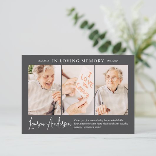 In Loving Memory Memorial Modern Simple 3 Foto Bedankkaart (Staand voorkant)