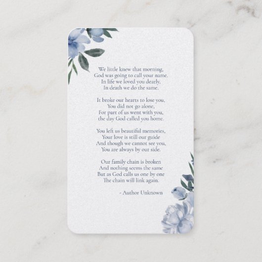 In Loving Memory Memorial Prayer Kaart Visitekaartje (Achterkant)
