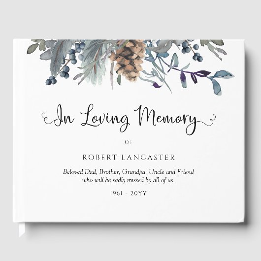 In Loving Memory Navy Blue rustieke bloemen begraf Gastenboek (Voorkant)