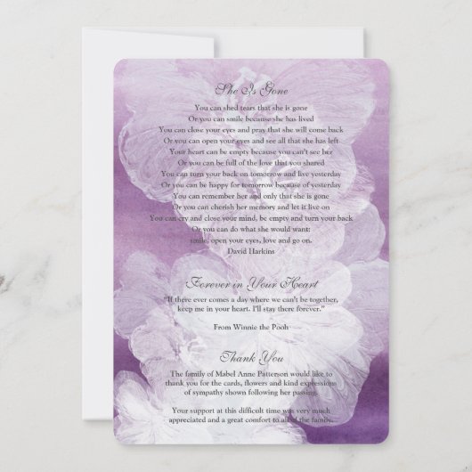 In Loving Memory Paarse begrafenis Dank u kaart (Achterkant)