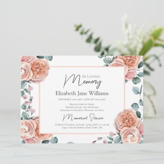In Loving Memory Peach Rozen 1 Foto Kaart (Staand voorkant)