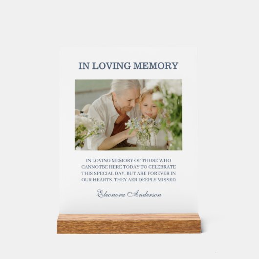 In Loving Memory Photo Wedding Blue Acryl Bord (Voorkant)