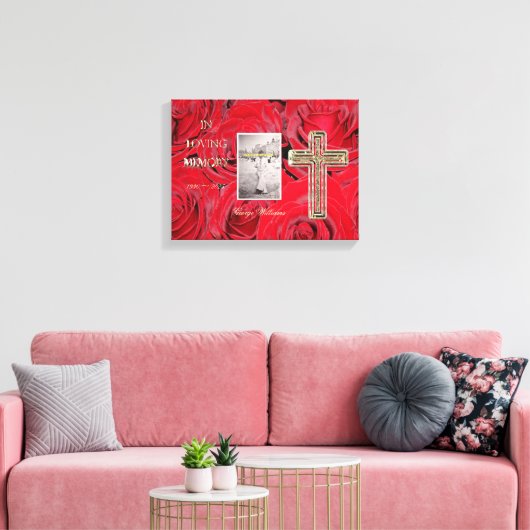 In Loving Memory Rode rozen Gouden Kruis Foto Canvas Afdruk (Insitu (Woonkamer))