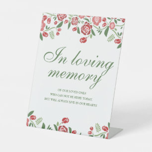 In Loving Memory Rood Groen Thema Bloemige Bruilof Reclamebord Met Voetstuk