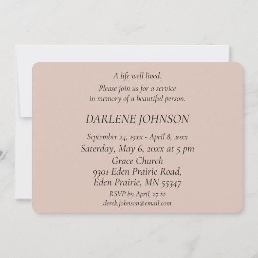 In Loving Memory Roze Pioen Uitnodiging (Achterkant)