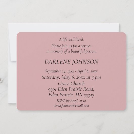 In Loving Memory Roze Rose uitnodiging (Achterkant)
