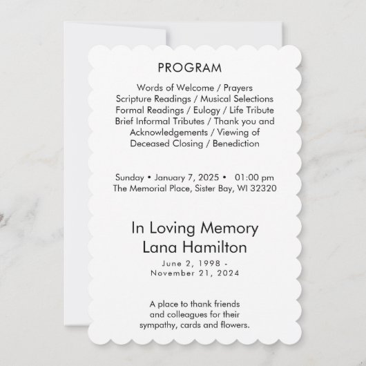 In Loving Memory Script Photo Funeral Program Kaart (Achterkant)