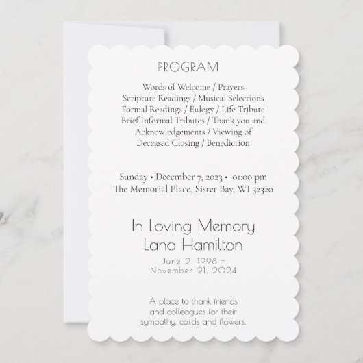In Loving Memory Script Photo Funeral Program Kaart (Achterkant)