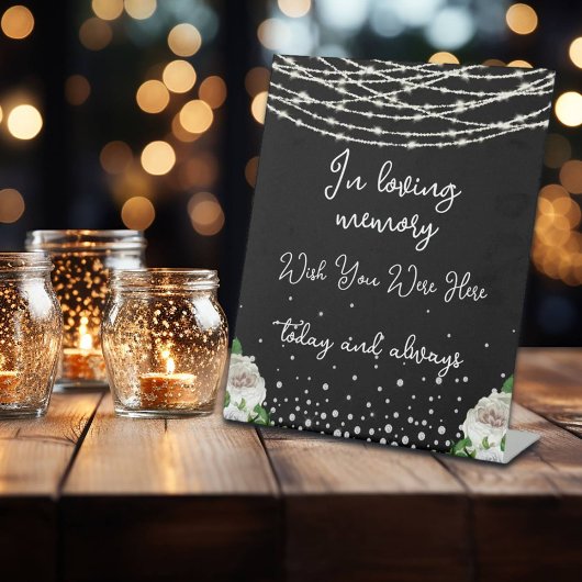 In Loving Memory String Lights Zwart Gedenkteken Reclamebord Met Voetstuk
