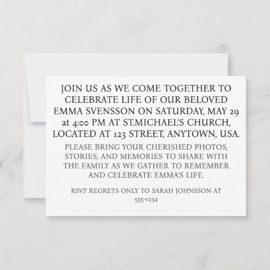 In Loving Memory Uitnodiging Uitnodiging Handgemaa (Achterkant)