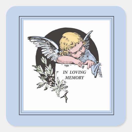 In Loving Memory Vintage Engel, Herdenking op Blau Vierkante Sticker (Voorkant)