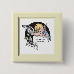 In Loving Memory Vintage Engel, Herinnering, Goud Vierkante Button 5,1 Cm