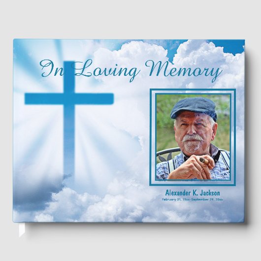 In Loving Memory Witte Wolken Blauw Kruis Begrafen Gastenboek (Voorkant)