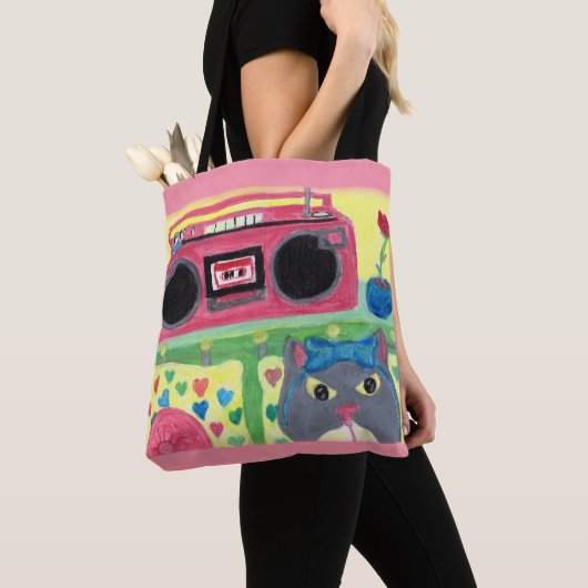 In mijn kamer Retro Cat-schilderende Retro Folk-ku Tote Bag (Dichtbij)