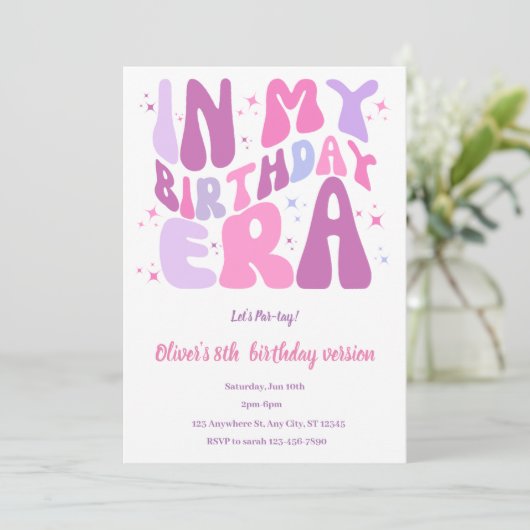 In mijn verjaardag tijdperk uitnodiging roze verja (Staand voorkant)