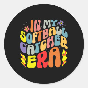In M'n Softbal Catcher Tijdperk Groovy Softbal Lie Ronde Sticker