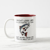 In My Head I'm Thinking About Salmon Funny Fishing Tweekleurige Koffiemok (Links)