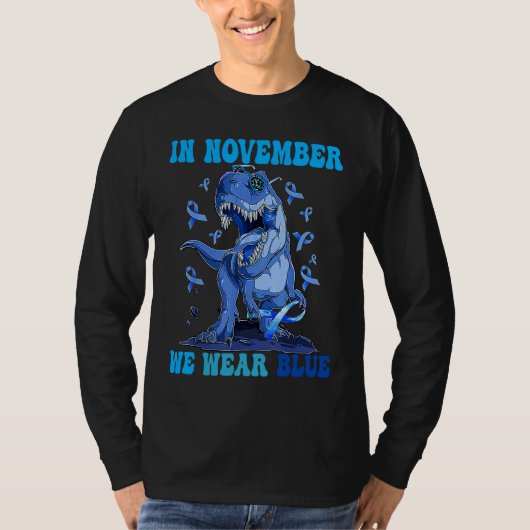 In November We Wear Blue Dinosaur Diabetes Awarene T-shirt (Voorkant)