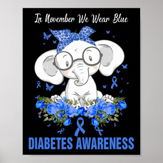 In November We Wear Blue Elephant Diabetes Awarene Poster (Voorkant)