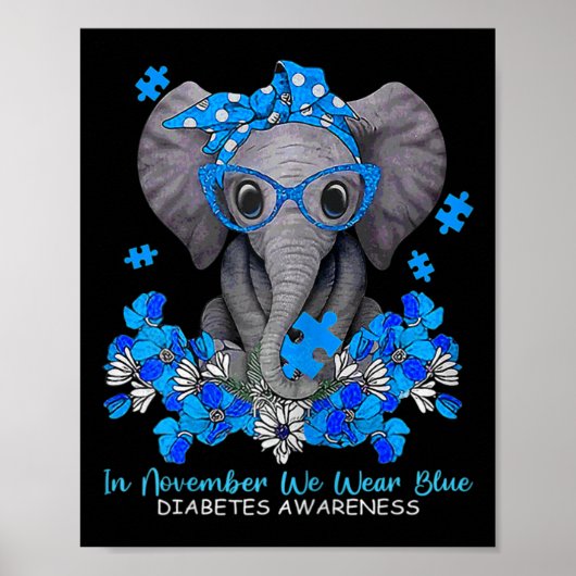 In November We Wear Blue Elephant Diabetes Awarene Poster (Voorkant)