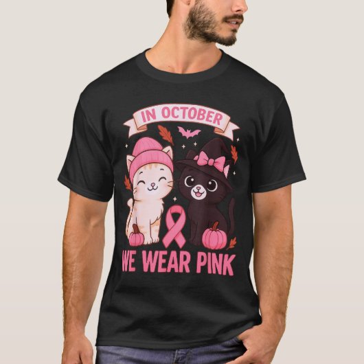 In October We Wear Nk Cute Cat Breast Cancer Aware T-shirt (Voorkant)