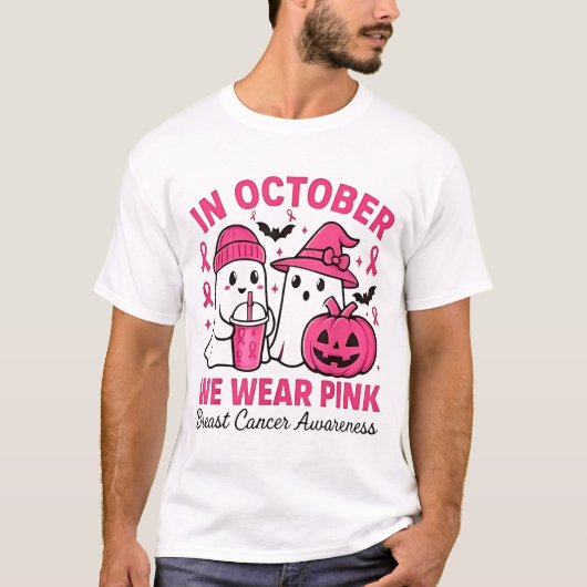 in October We Wear Pink Ghost Breast Cancer Awaren T-shirt (Voorkant)