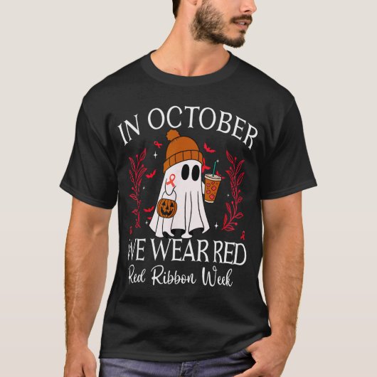 in October We Wear Red for Red Ribbon Week Hallowe T-shirt (Voorkant)