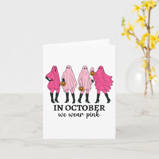 In oktober Draag we Pink Breast Cancer Funny Ghost Kaart (Gele Bloem)
