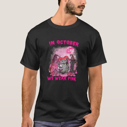 In oktober Draag we Pink Cat Witches Borstkanker T-shirt (Voorkant)