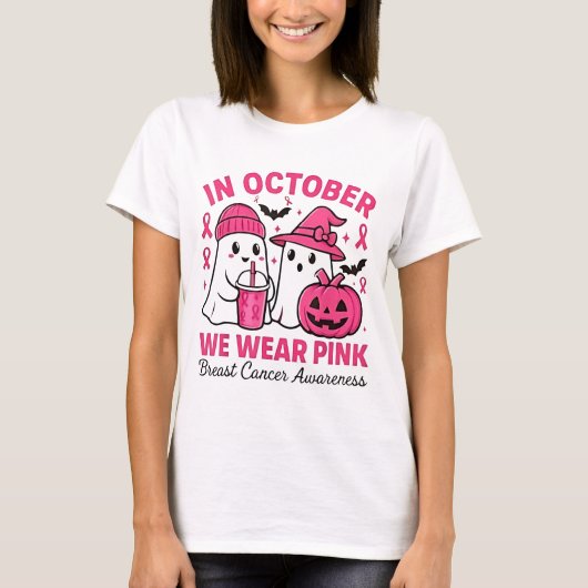 In oktober Draag we Pink Ghost Breast Cancer Aware T-shirt (Voorkant)