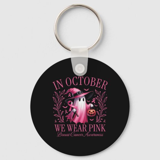 In oktober Draag we Pink Ghost Witch borstkanker Sleutelhanger (Voorkant)