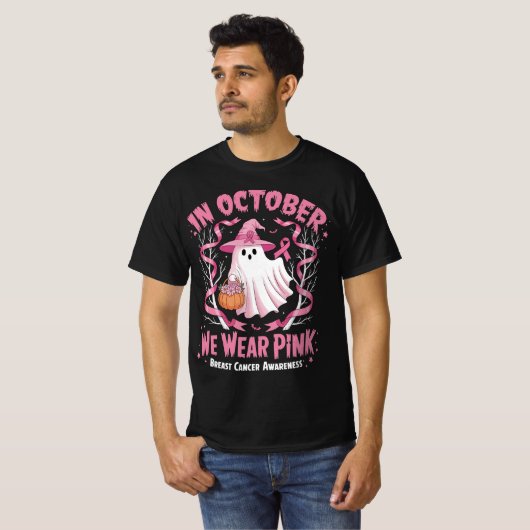 In oktober Draag we Pink Ghost Witch borstkanker T-shirt (Voorkant volledig)