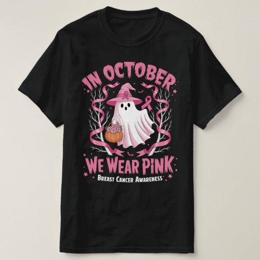 In oktober Draag we Pink Ghost Witch borstkanker T-shirt (Design voorkant)