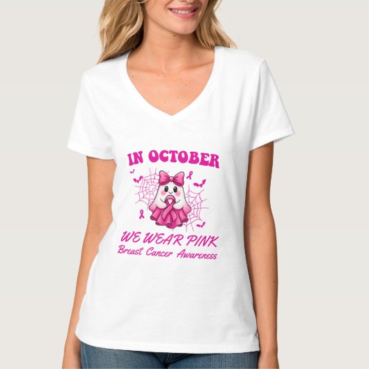 In oktober Draag we Pink Ghost Witch borstkanker T-shirt (Voorkant)
