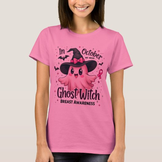 In oktober Draag we Pink Ghost Witch borstkanker T-shirt (Voorkant)
