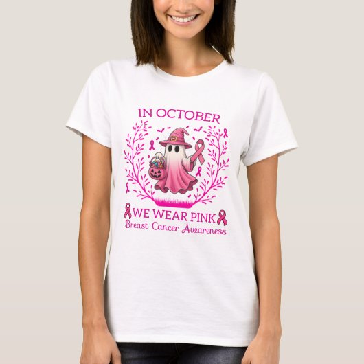 In oktober Draag we Pink Ghost Witch borstkanker T-shirt (Voorkant)