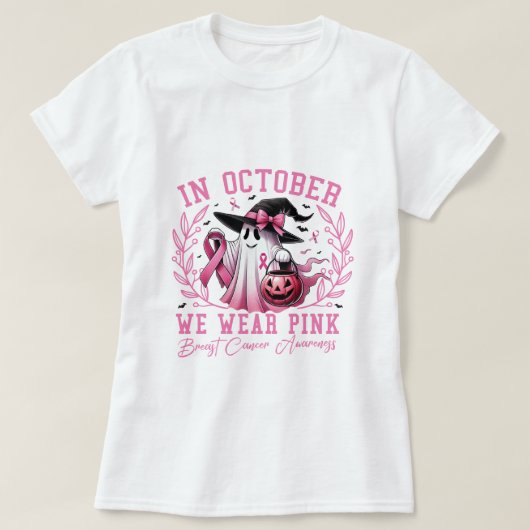 In oktober Draag we Pink Ghost Witch borstkanker T-shirt (Design voorkant)