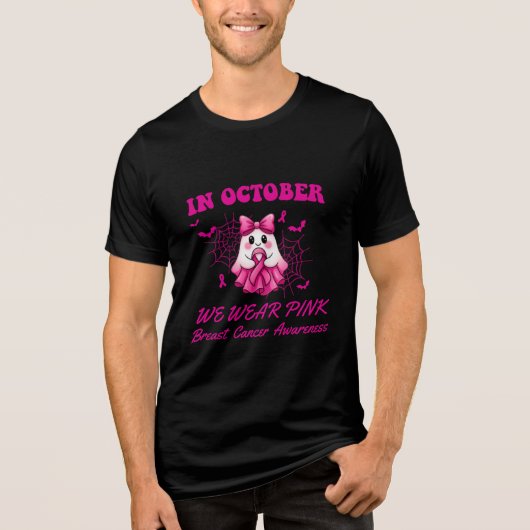In oktober Draag we Pink Ghost Witch borstkanker Tri-Blend Shirt (Voorkant)