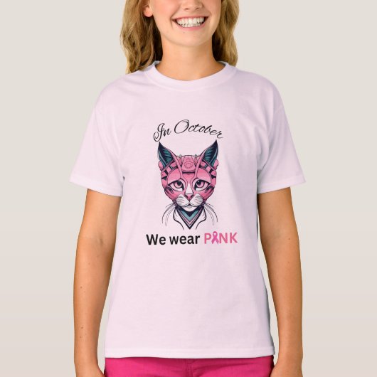 In oktober Draag we Pink met roze gezichtskat T-shirt (Voorkant)